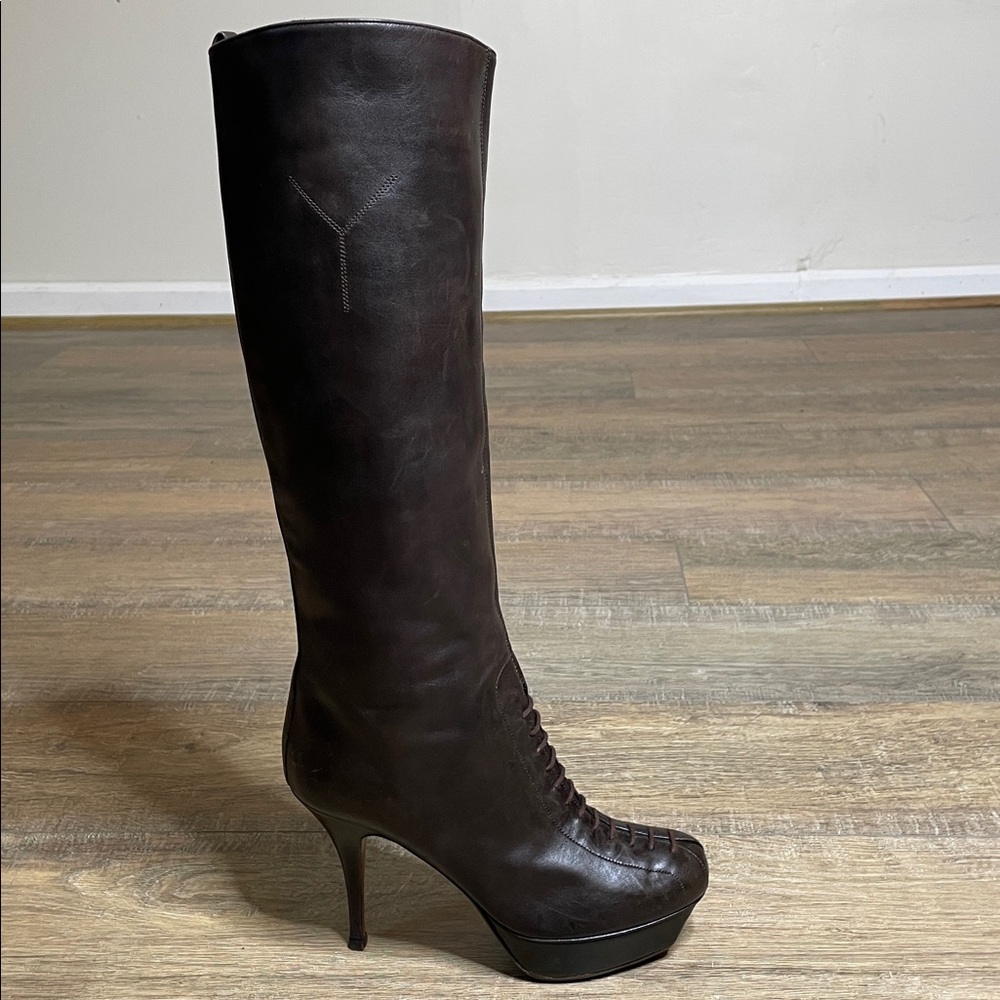 Yves Saint Laurent YSL Brown Tribute Platform Knee-High Leather Heeled Boots 40